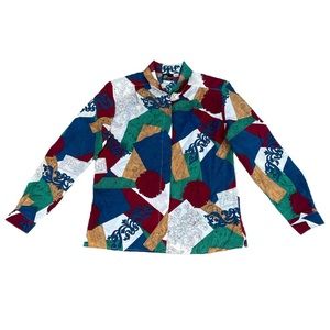 Vintage 80s Classy Royal Abstract Patchwork Pyke Button Up Long Sleeve Blouse
